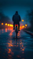 Silhouette of cyclist on wet road at dusk with orange bokeh lights reflecting on rainy surface, creating moody atmospheric scene for urban lifestyle and transportation themes.
