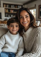Hispanic mother and young son wearing cozy white sweaters share genuine smiles while relaxing at home. Warm lighting creates intimate family atmosphere.