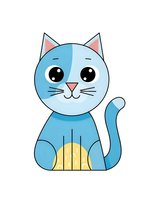 Cute blue cartoon cat with big eyes and yellow belly sitting on white background isolated for design projects and children materials.