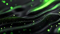 Abstract green energy waves with glowing particles and bokeh lights on dark background for digital technology and futuristic design projects.