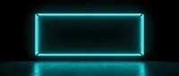 Neon cyan rectangular frame glowing against dark background with reflection on wet surface, suitable for modern design, tech presentations, and digital content overlays.