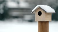 Wooden birdhouse covered in fresh snow against blurred winter background, minimalist nature composition highlighting seasonal tranquility and wildlife care.