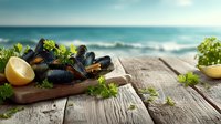Fresh mussels with herbs and lemon on wooden cutting board against blurred seascape background, perfect for seafood restaurant menu or cooking blog.