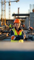 Confident Asian female construction worker in safety gear smiling at building site with cranes and urban skyline background for industrial projects.