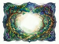 Enchanted forest frame with mystical trees and foliage creating magical oval border on white background for fantasy designs and storytelling projects.