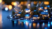 Miniature lakeside houses with glowing windows reflect in calm water at dusk, creating magical bokeh effect and dreamy atmosphere. Tilt-shift photography style.