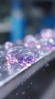 Macro shot of transparent water drop with purple and pink light reflections on metallic surface against blurred background, creating magical bokeh effect.