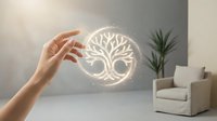 Hand reaching toward glowing tree of life symbol with magical light effects in modern living room interior for wellness and spiritual concepts.
