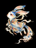 Watercolor rabbit in ornate traditional Asian robes with gold accents, floating on clouds. Isolated on transparent background, ready for stickers, t-shirt design, and print on demand.