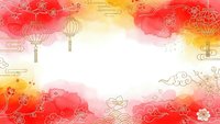 Red and gold watercolor background with traditional Asian lanterns, clouds and decorative elements for festive celebrations and cultural designs.