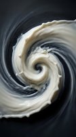 Swirling cream and charcoal liquid merge in hypnotic spiral motion, creating dynamic abstract vortex with smooth flowing waves and glossy texture for artistic backgrounds.