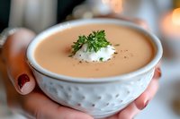 Creamy lobster bisque garnished with fresh parsley and sour cream dollop served in white textured ceramic bowl, held by hands with red manicure.