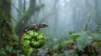 Small lizard resting on curled fern frond in misty forest environment with lush green vegetation and soft natural lighting for wildlife photography.