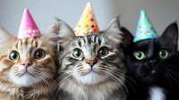 Three adorable cats wearing colorful party hats, celebrating a special occasion with curious expressions and attentive gazes.