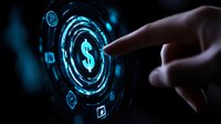 Finger touching glowing blue dollar sign hologram with digital interface elements on dark background for fintech and digital banking applications.