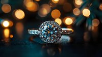 Diamond engagement ring with round brilliant cut stone set in white metal band, displayed against warm golden bokeh lights on dark surface for luxury jewelry and wedding photography.