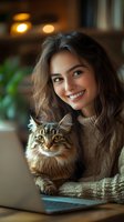 Young woman with long brown hair smiling while holding tabby cat at home, cozy indoor lifestyle portrait with warm lighting and laptop on wooden table.