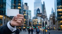 Businessman holding blank white card with urban skyline and city street in background during daytime for advertising and marketing campaigns.