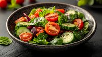 Fresh Mediterranean salad with cherry tomatoes, cucumber slices, black olives and green herbs served in dark ceramic bowl on black background.