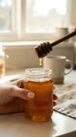 Honey dripping from wooden dipper into glass jar held by hand in bright kitchen with window, mug and cloth visible in background for food and beverage use.