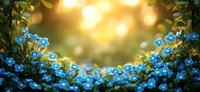 Blue forget-me-not flowers blooming in garden with warm golden sunlight and bokeh background creating peaceful spring nature scene for wellness designs.