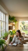 Young woman enjoying morning coffee while reading book in bright sunlit living room filled with green houseplants and natural light streaming through windows.