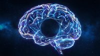 Digital brain with glowing neural networks and electric connections on dark space background for neuroscience and artificial intelligence concepts.