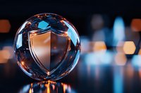 Crystal sphere with shield symbol reflecting blue and orange lights against dark background with bokeh effect, representing digital security and protection.