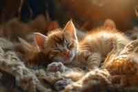 Adorable ginger kitten sleeping peacefully on cozy knitted blanket, captured in warm sunset lighting perfect for social media, greeting cards and pet care advertising.