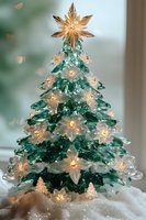 Illuminated ceramic Christmas tree with glowing star topper and white poinsettia lights, set on fluffy snow base against soft window light background.