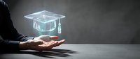 Digital graduation cap hologram floating above open hands symbolizing online education achievement and academic success in modern learning technology.