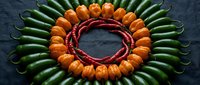 Fresh chili peppers arranged in colorful circular pattern on dark slate background. Spicy cooking ingredients display for culinary design and food photography.