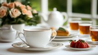 Elegant afternoon tea setting with white porcelain cup, fresh strawberries, honey jars and pink roses on bright windowsill, creating cozy home atmosphere.