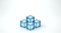 Transparent blue glass cubes arranged in pyramid formation on white background, isolated design element suitable for technology, data, and business graphics.