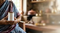 Senior man holding white mug with hot beverage in cozy home interior, wearing casual plaid shirt, relaxing in warm domestic setting.