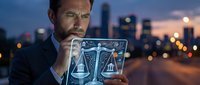 Professional businessman holding futuristic holographic justice scales interface against city skyline at dusk for legal technology concepts.