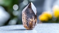 Smoky quartz crystal point with natural brown inclusions on blurred background with bokeh lights. Healing stone for spiritual practices and meditation.