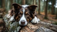 Border collie dog resting on fallen log in forest setting with natural woodland background for pet and nature photography concepts.