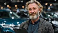 Mature Caucasian businessman with gray beard and wavy hair smiling confidently while holding tablet, wearing tweed jacket against blurred urban background with bokeh lights.
