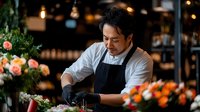 Professional Asian male chef in black apron preparing gourmet dish in upscale restaurant kitchen with fresh flowers and warm ambient lighting for culinary content.