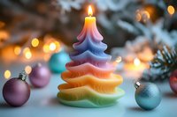 Rainbow colored Christmas tree candle burning bright surrounded by festive ornaments and pine branches with warm bokeh lights creating magical holiday atmosphere.