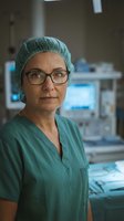 Professional female surgeon in green scrubs and surgical cap with glasses standing confidently in modern operating room with medical equipment background.