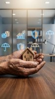 Male hands holding wooden house model with financial protection icons on office glass background, representing insurance, investment, and security concepts.