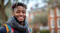 Young African American male student with bright smile wearing knit scarf and colorful backpack outdoors on college campus, expressing joy and confidence in casual autumn setting.