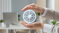 Caucasian businesswoman holding glowing digital compass hologram in modern office, symbolizing direction, strategy, and business navigation.