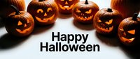 Group of carved jack-o-lantern pumpkins with glowing faces arranged around Happy Halloween text on white background for seasonal holiday designs.