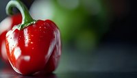 Fresh red bell pepper with water droplets on dark surface with blurred green peppers in background for healthy cooking and nutrition concepts.