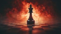 Chess queen piece standing on dramatic checkered board with fiery red smoke background and mystical atmosphere creating powerful strategic concept.