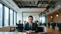 Asian male professional in dark business suit and tie seated at wooden desk in modern corporate office environment with colleagues working in background, large windows overlooking city skyline, contemporary workplace setting for business leadership and corporate culture themes.