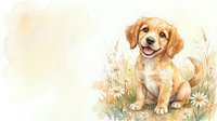 Adorable golden retriever puppy sitting in wildflower meadow with daisies, watercolor illustration on white background for greeting cards and designs.